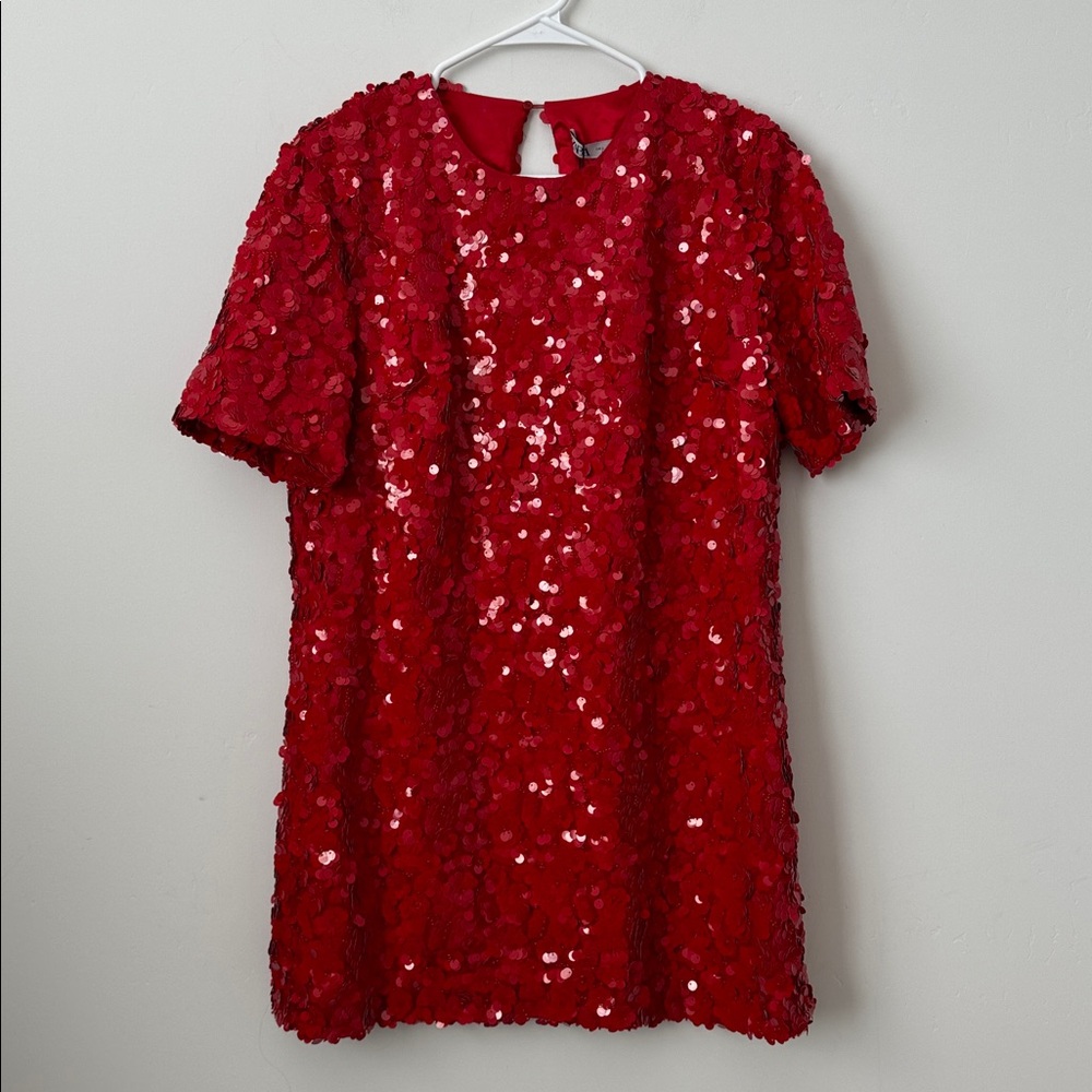 Zara Red Fully Sequined Mini Dress Size: L - Picture 3 of 9